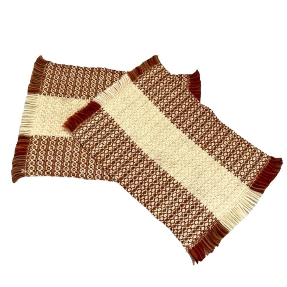 SET Of Two Vintage 70’s Neutral Tone Knit Crochet Placemats With Fringe
